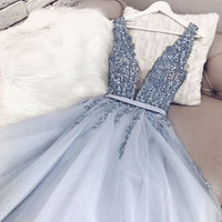 V Neck V Back Long Prom Dresses with Appliques - Thumbnail 1