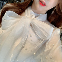 Chic Pearl Rivet White Long Sleeve Blouse with Bow - Thumbnail 1