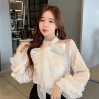 Chic Pearl Rivet White Long Sleeve Blouse with Bow - Thumbnail 2