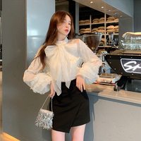 Chic Pearl Rivet White Long Sleeve Blouse with Bow - Thumbnail 3