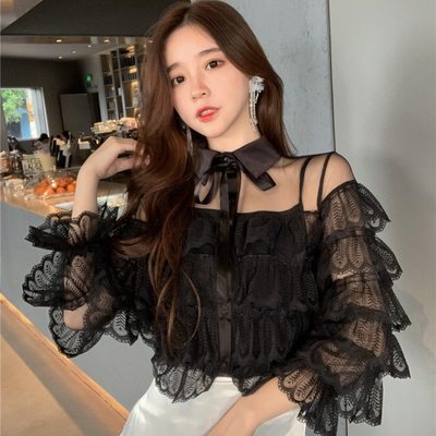 Ruffled sleeve lace blouse in black and white