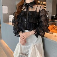 Ruffled Sleeve Lace Blouse in Black and White - Thumbnail 1