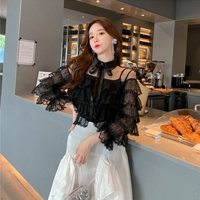 Ruffled Sleeve Lace Blouse in Black and White - Thumbnail 2