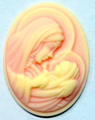 4 of 40x30 MM Virgin Mary Cradling Baby Jesus Cameos Cream over Pink Loving