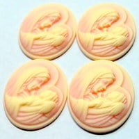 4 of 40x30 MM Virgin Mary Cradling Baby Jesus Cameos Cream over Pink Loving - Thumbnail 1