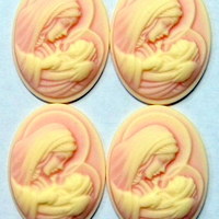 4 of 40x30 MM Virgin Mary Cradling Baby Jesus Cameos Cream over Pink Loving - Thumbnail 2