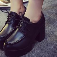 Lace up Chunky Heel Black Shoes - Thumbnail 1