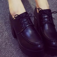 Lace up Chunky Heel Black Shoes - Thumbnail 2