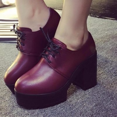 Wine red lace up chunky heels shoes - Thumbnail 5