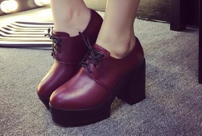 Wine Red Lace up Chunky Heels Shoes