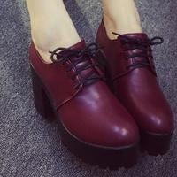 Wine Red Lace up Chunky Heels Shoes - Thumbnail 1