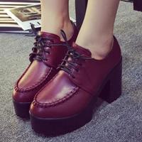 Wine Red Lace up Chunky Heels Shoes - Thumbnail 2