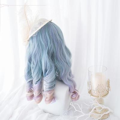 Pastel blue purple ombre long curly wig