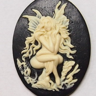 4 of 40x30 mm gorgeous woman fairy sitting on toadstool cameos ivory over black