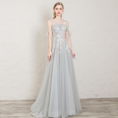 Gray round neck tulle lace long prom dress, evening dress - Thumbnail 4