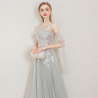 Gray round neck tulle lace long prom dress, evening dress - Thumbnail 3