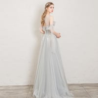Gray round neck tulle lace long prom dress, evening dress - Thumbnail 4