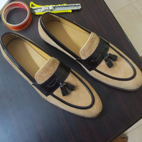 Handmade Beige Suede Loafer Slipper Party Dress Men's Fashion Two Tone Shoes - Thumbnail 3