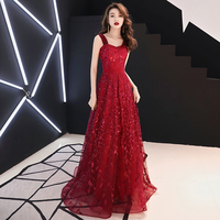 Burgundy tulle sequins long prom dress, evening dress - Thumbnail 1