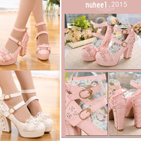 Sweet and lovely  lace bow high heels - Thumbnail 2