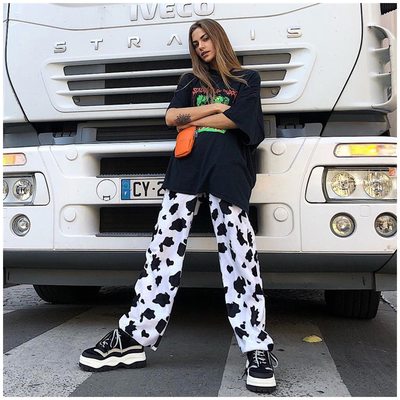 Casual Elastic High Waist Cow Milk Print Pants