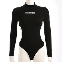 Long Sleeve Sexy Hollow Out Black Bodysuit - Thumbnail 3