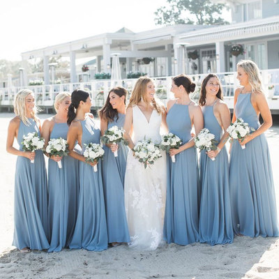 Busty Blue Halter Long Bridesmaid Dresses under 100
