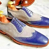men's Beige Blue Leather Suede Lace Up Shoes Men Dress Formal Wing Tip Brogue Shoes - Thumbnail 1