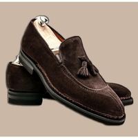 Handmade Dark Brown Suede Loafer Slipper Party Dress Men's Fashion Split Toe Tussles Shoes - Thumbnail 1