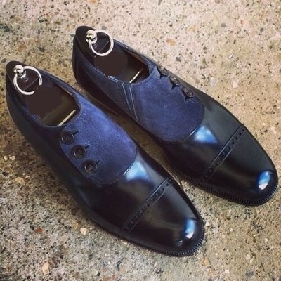 men's Navy Blue Leather Suede Button Shoes Men Dress Formal Cap Toe Shoes