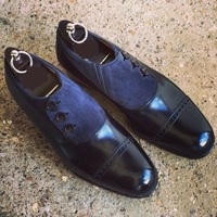 men's Navy Blue Leather Suede Button Shoes Men Dress Formal Cap Toe Shoes - Thumbnail 1