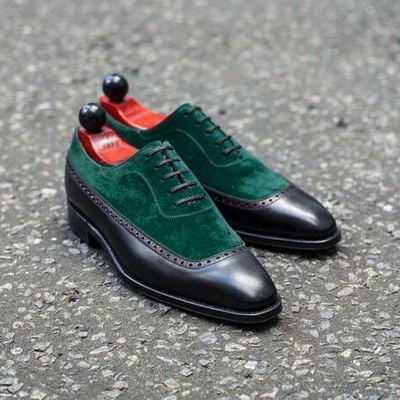 Men's green black leather suede lace up shoes men dress formal square toe shoes - Thumbnail 3