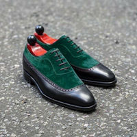 men's Green Black Leather Suede Lace Up Shoes Men Dress Formal Square Toe Shoes - Thumbnail 1