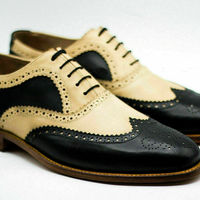 men's Beige Black Leather Lace Up Shoes Men Dress Formal Wing Tip Brogue Shoes - Thumbnail 1