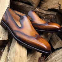 Handmade Brown Leather Loafer Slipper Party Dress Men's Fashion Moccasin Wing Tip Shoes - Thumbnail 1