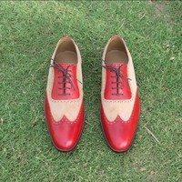 men's Beige Red Leather Suede Lace Up Shoes Men Dress Formal Wing Tip Shoes - Thumbnail 1
