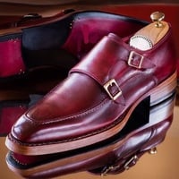 men's Burgundy Color Double Monk leather shoes Men Dress Formal Straps Square Toe Shoes - Thumbnail 1