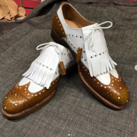 men's Brown White Leather Fringe Shoes Men Dress Formal Wing Tip Brogue Shoes - Thumbnail 1
