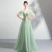 Green tulle lace long prom dress, evening dress - Thumbnail 1