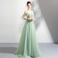 Green tulle lace long prom dress, evening dress - Thumbnail 3