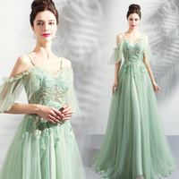 Green tulle lace long prom dress, evening dress - Thumbnail 4
