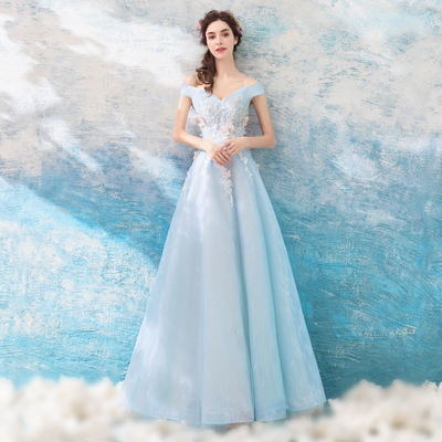 Blue v neck tulle lace long prom dress, evening dress - Thumbnail 5