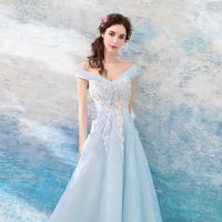 Blue v neck tulle lace long prom dress, evening dress - Thumbnail 1