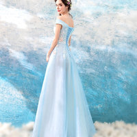 Blue v neck tulle lace long prom dress, evening dress - Thumbnail 2