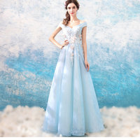 Blue v neck tulle lace long prom dress, evening dress - Thumbnail 3
