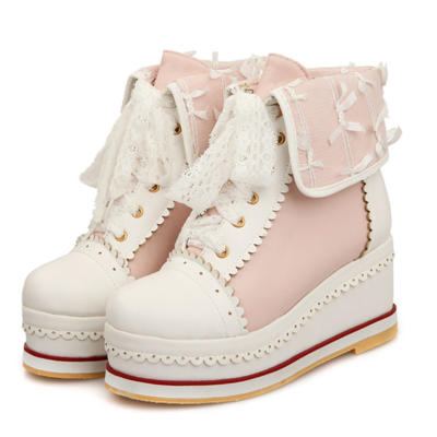 New lace strap colorblock wedge heel boots - Thumbnail 4