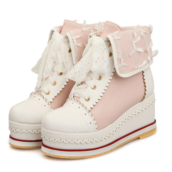 New lace strap colorblock wedge heel boots