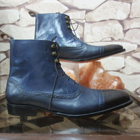 New Men's Handmade Navy Blue Black Ankle High Leather Lace Up Cap Toe Boot - Thumbnail 1