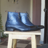 New Men's Handmade Navy Blue Black Ankle High Leather Lace Up Cap Toe Boot - Thumbnail 2