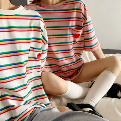 Rainbow stripe heart pocket oversize tee  - Thumbnail 5